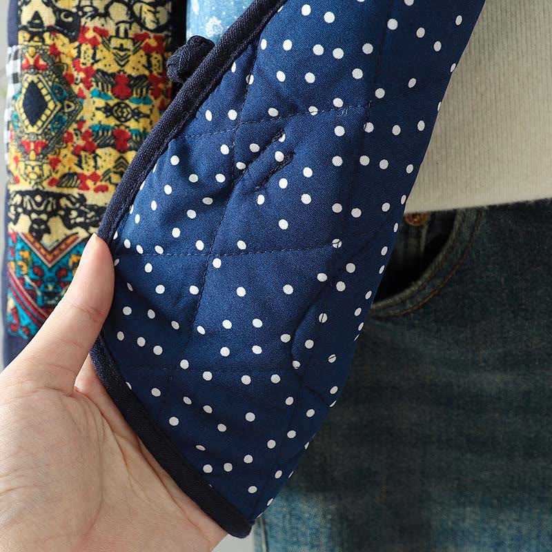 Veste à manches longues pour femme en coton épais, patchwork ethnique à boutons grenouille et Buddha Stones, avec poches - image 13