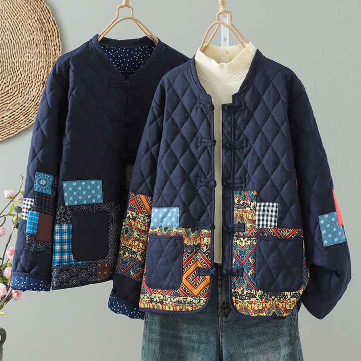 Veste à manches longues pour femme en coton épais, patchwork ethnique à boutons grenouille et Buddha Stones, avec poches - image 16