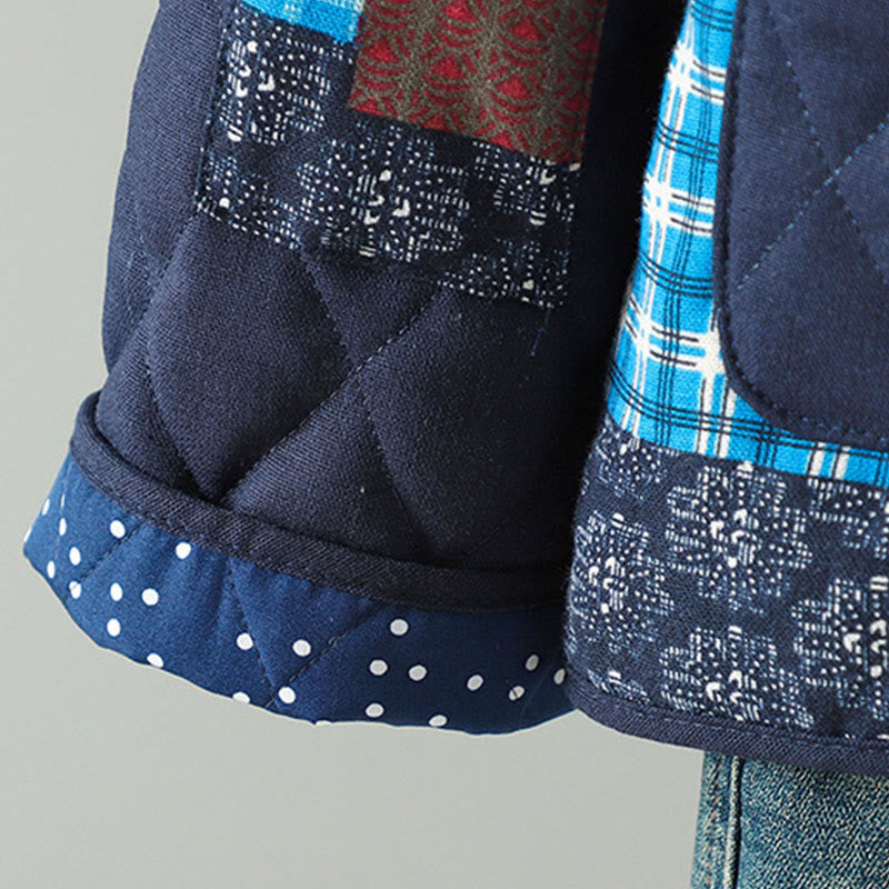 Veste à manches longues pour femme en coton épais, patchwork ethnique à boutons grenouille et Buddha Stones, avec poches - image 1