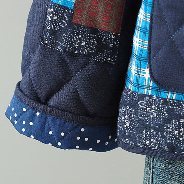 Veste à manches longues pour femme en coton épais, patchwork ethnique à boutons grenouille et Buddha Stones, avec poches - image 1