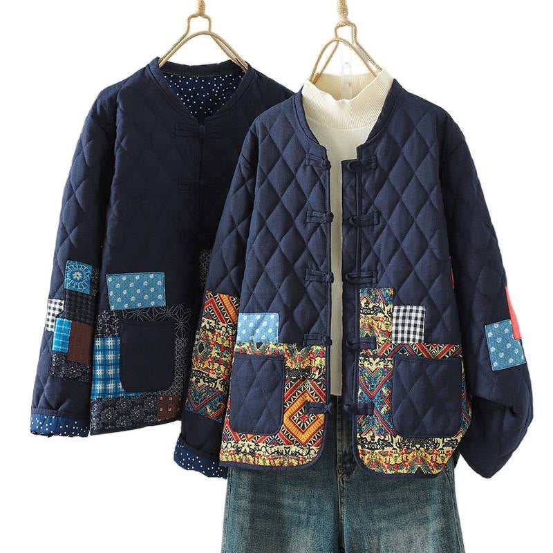 Veste à manches longues pour femme en coton épais, patchwork ethnique à boutons grenouille et Buddha Stones, avec poches - image 18