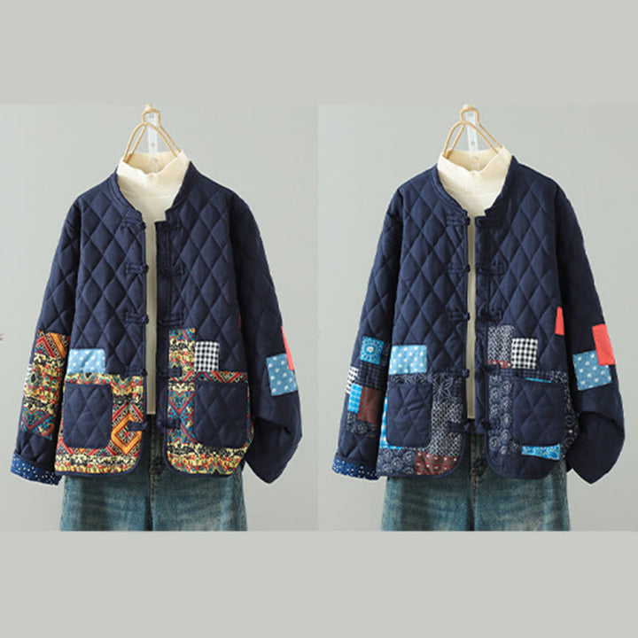 Veste à manches longues pour femme en coton épais, patchwork ethnique à boutons grenouille et Buddha Stones, avec poches - image 17