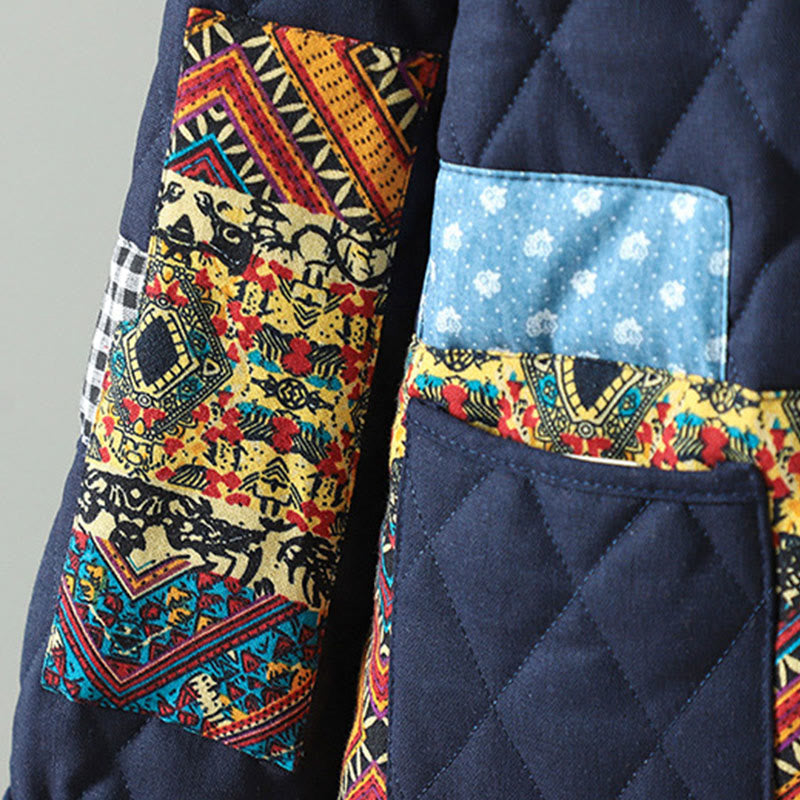 Veste à manches longues pour femme en coton épais, patchwork ethnique à boutons grenouille et Buddha Stones, avec poches - image 10