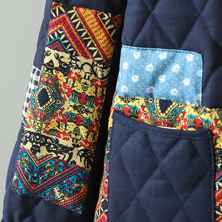 Veste à manches longues pour femme en coton épais, patchwork ethnique à boutons grenouille et Buddha Stones, avec poches - image 10