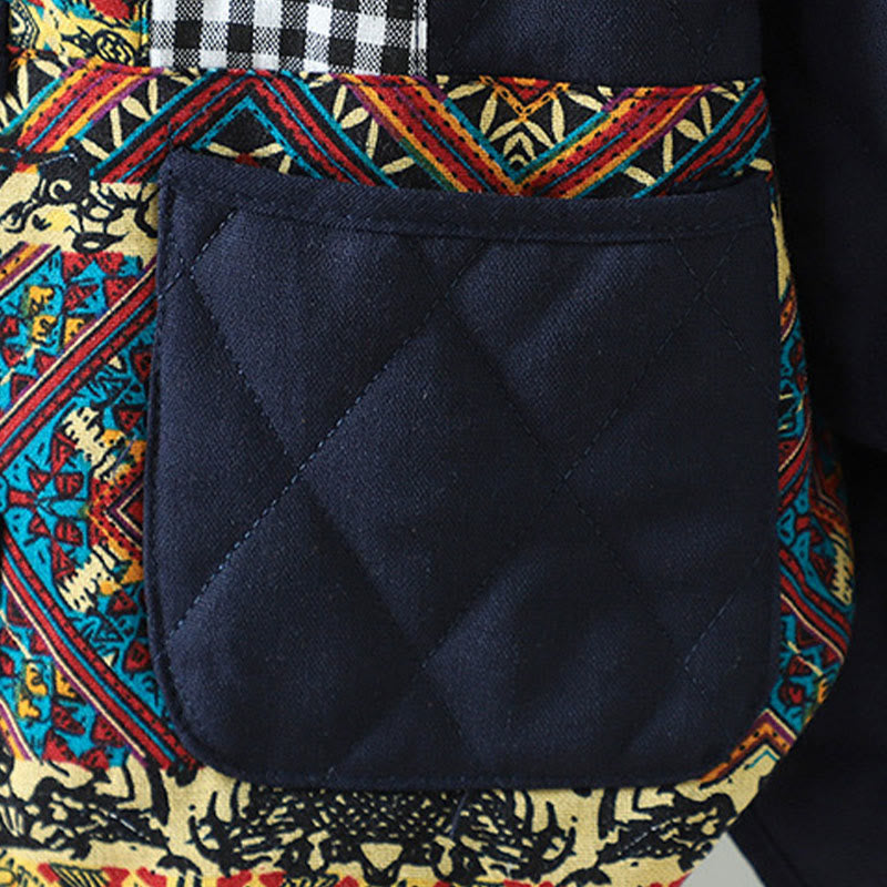 Veste à manches longues pour femme en coton épais, patchwork ethnique à boutons grenouille et Buddha Stones, avec poches - image 11