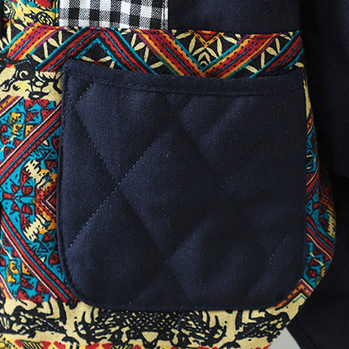 Veste à manches longues pour femme en coton épais, patchwork ethnique à boutons grenouille et Buddha Stones, avec poches - image 11