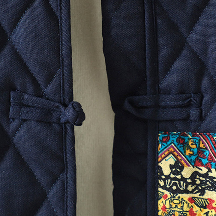 Veste à manches longues pour femme en coton épais, patchwork ethnique à boutons grenouille et Buddha Stones, avec poches - image 14