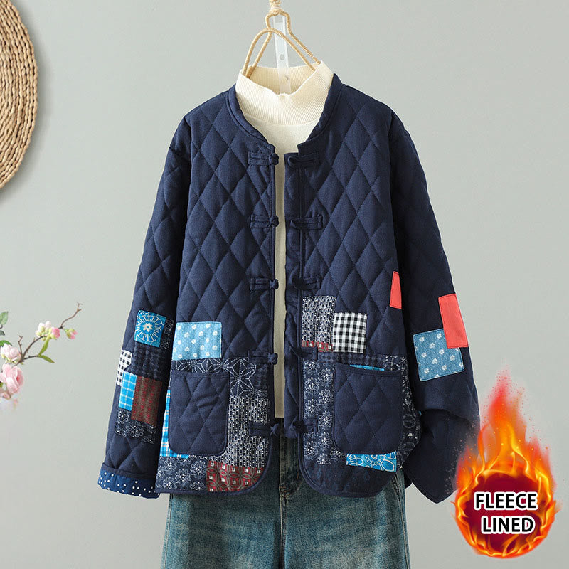 Veste à manches longues pour femme en coton épais, patchwork ethnique à boutons grenouille et Buddha Stones, avec poches - Fleurs bleues - US8-10，UK/AU12-14，EU40-42 (2XL) - image 0