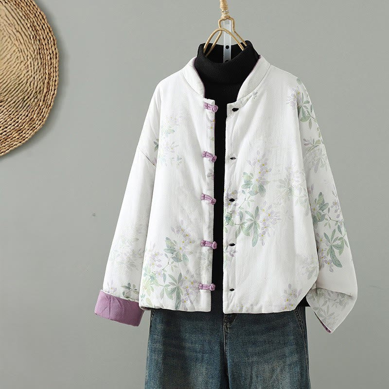 Veste en coton à manches longues et boutons brandebourg pour femme, motif floral imprimé Buddha Stones - Neige - US12，UK/AU16，EU44 (2XL) - image 0