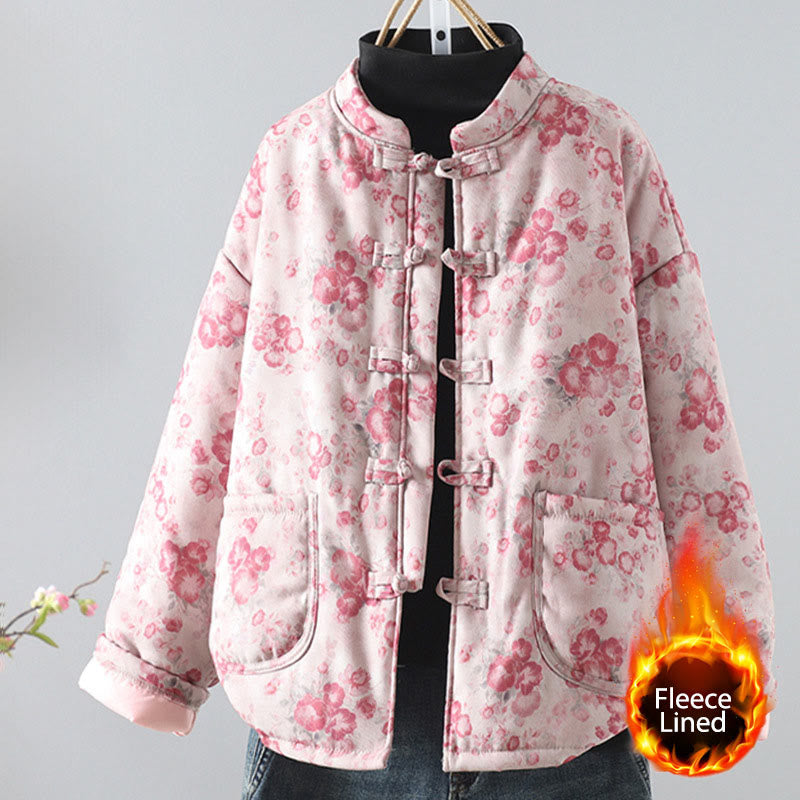 Veste à manches longues en coton à imprimé floral rose clair Buddha Stones pour femme, avec boutons brandebourg. - Rose clair - US12，UK/AU16，EU44 (2XL) - image 0