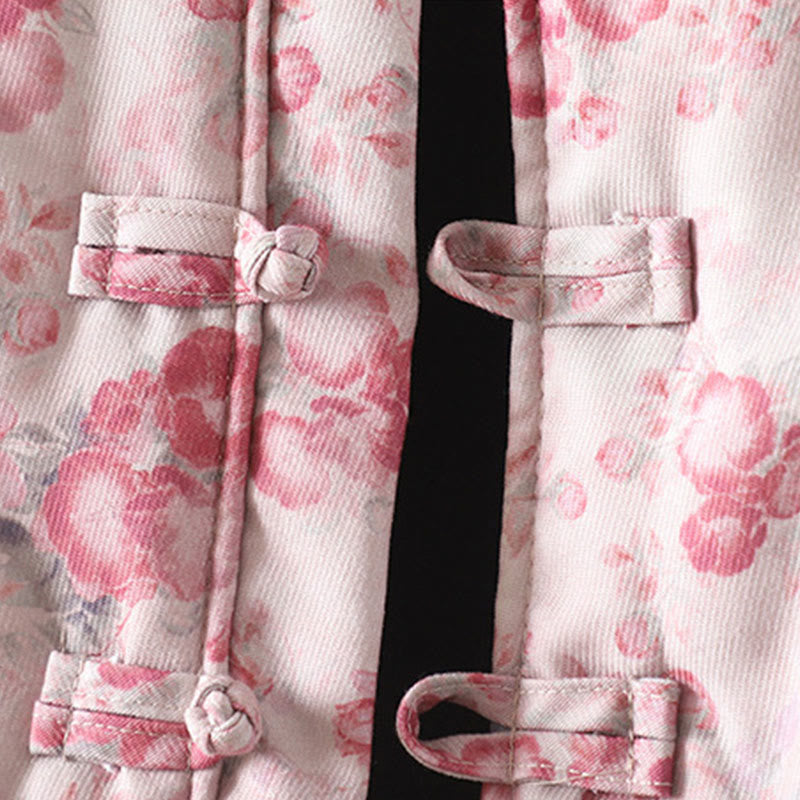 Veste à manches longues en coton à imprimé floral rose clair Buddha Stones pour femme, avec boutons brandebourg. - image 5