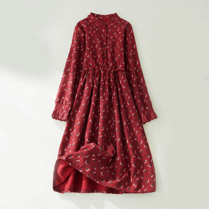 Robe midi en velours côtelé à manches longues et poches, ornée de dentelle et de motifs floraux en Buddha Stones - FireBrick - US8-10，UK/AU12-14，EU40-42 (2XL) - image 0