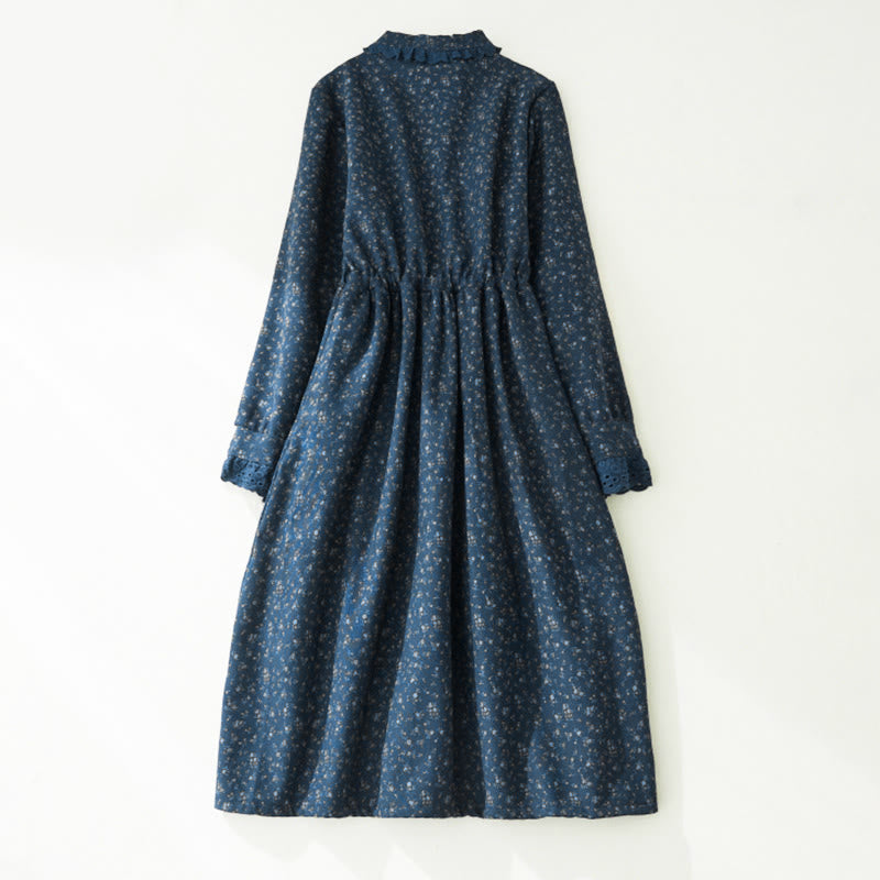 Robe midi en velours côtelé à manches longues et poches, ornée de dentelle et de motifs floraux en Buddha Stones - image 9