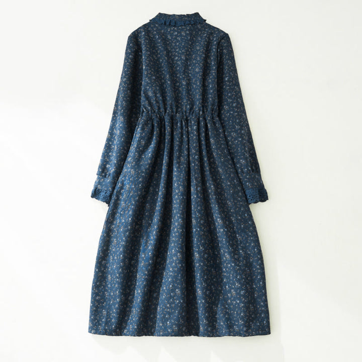 Robe midi en velours côtelé à manches longues et poches, ornée de dentelle et de motifs floraux en Buddha Stones - image 9