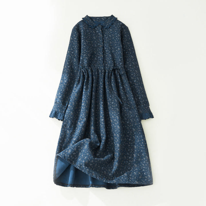 Robe midi en velours côtelé à manches longues et poches, ornée de dentelle et de motifs floraux en Buddha Stones - image 10