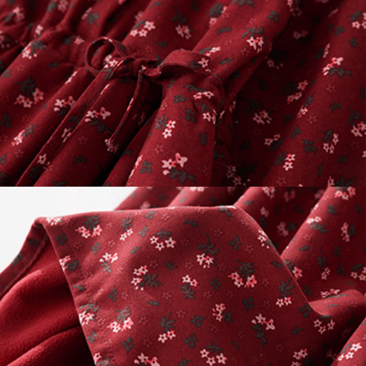 Robe midi en velours côtelé à manches longues et poches, ornée de dentelle et de motifs floraux en Buddha Stones - image 6