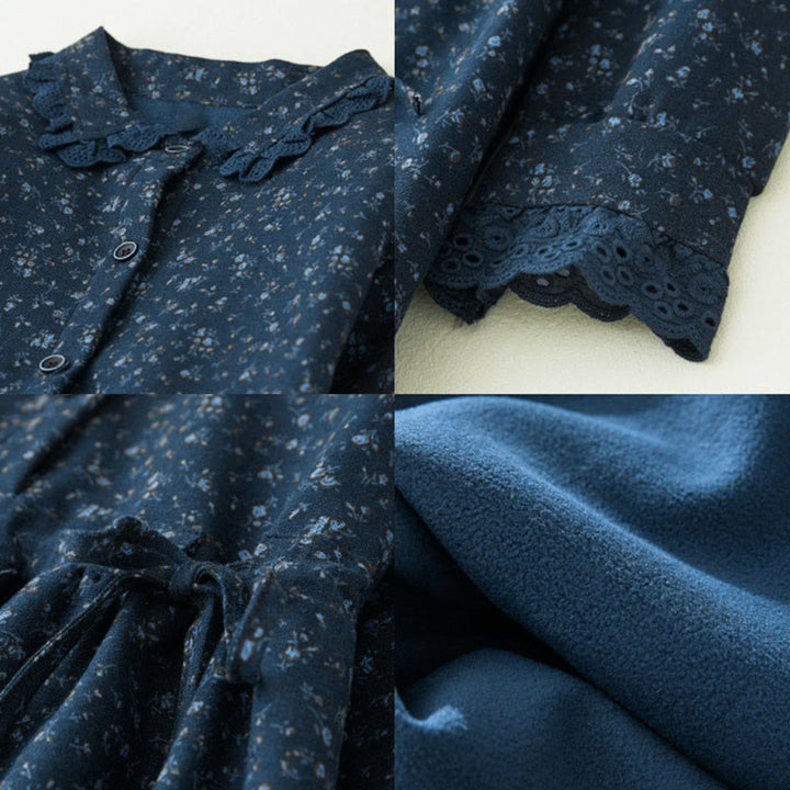 Robe midi en velours côtelé à manches longues et poches, ornée de dentelle et de motifs floraux en Buddha Stones - image 11