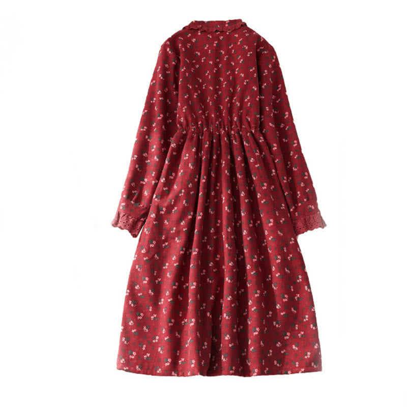 Robe midi en velours côtelé à manches longues et poches, ornée de dentelle et de motifs floraux en Buddha Stones - image 3