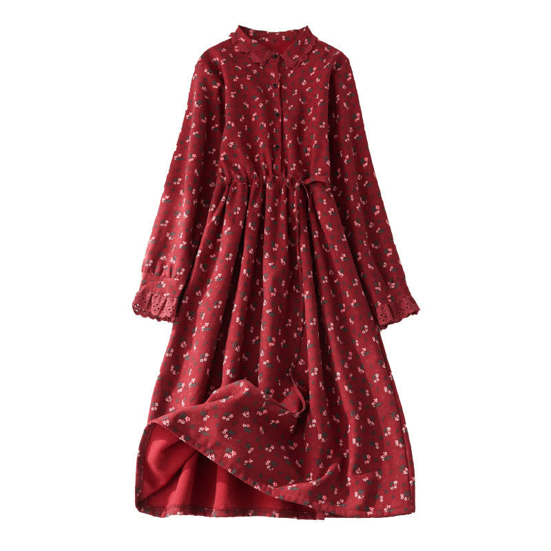 Robe midi en velours côtelé à manches longues et poches, ornée de dentelle et de motifs floraux en Buddha Stones - image 2