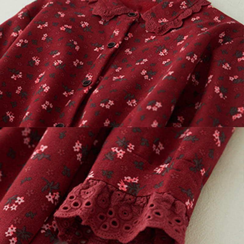 Robe midi en velours côtelé à manches longues et poches, ornée de dentelle et de motifs floraux en Buddha Stones - image 4