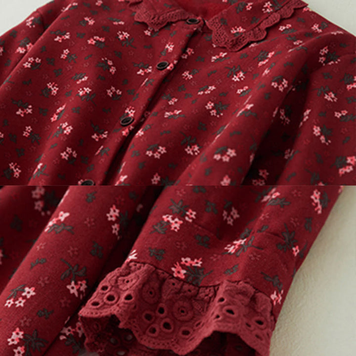 Robe midi en velours côtelé à manches longues et poches, ornée de dentelle et de motifs floraux en Buddha Stones - image 4