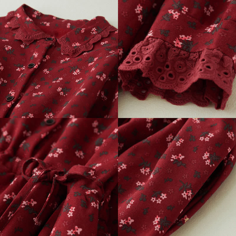 Robe midi en velours côtelé à manches longues et poches, ornée de dentelle et de motifs floraux en Buddha Stones - image 7