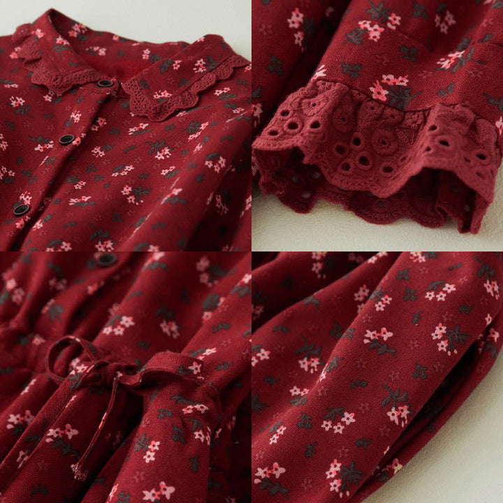 Robe midi en velours côtelé à manches longues et poches, ornée de dentelle et de motifs floraux en Buddha Stones - image 7