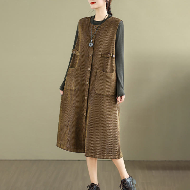 Robe mi-longue sans manches avec poches et boutons couleur pure Buddha Stones - image 1