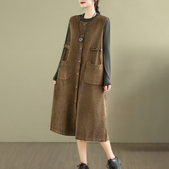 Robe mi-longue sans manches avec poches et boutons couleur pure Buddha Stones - image 1