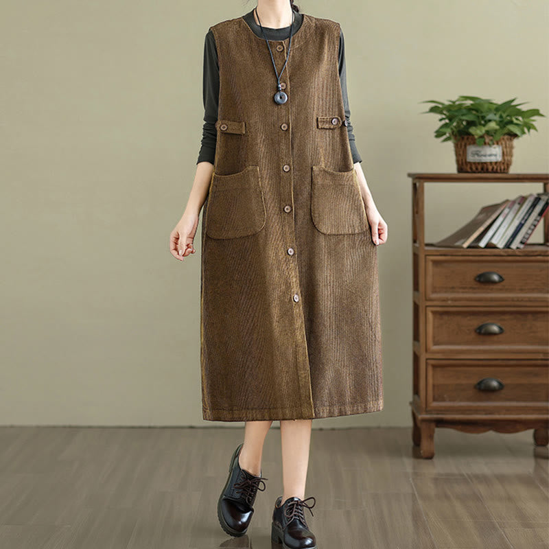 Robe mi-longue sans manches avec poches et boutons couleur pure Buddha Stones - image 3