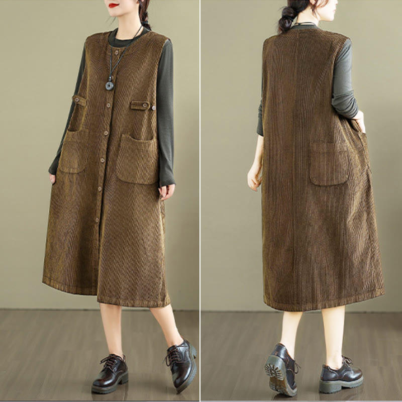 Robe mi-longue sans manches avec poches et boutons couleur pure Buddha Stones - image 5