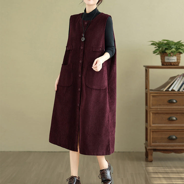 Robe mi-longue sans manches avec poches et boutons couleur pure Buddha Stones - image 15