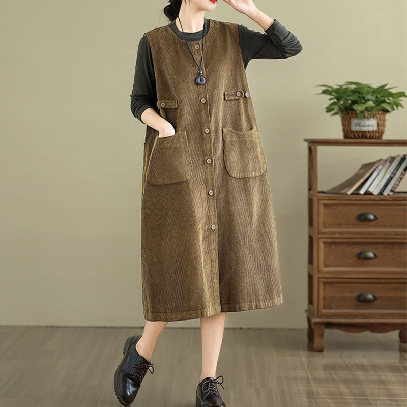 Robe mi-longue sans manches avec poches et boutons couleur pure Buddha Stones - image 4