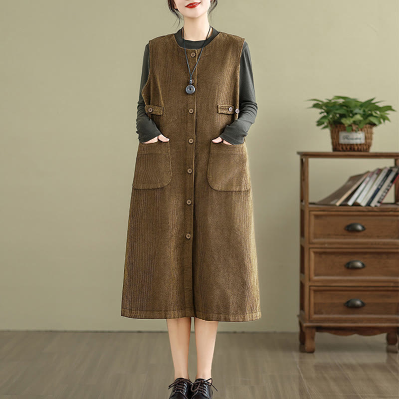 Robe mi-longue sans manches avec poches et boutons couleur pure Buddha Stones - Terre de sienne - US8-10，UK/AU12-14，EU40-42 (2XL) - image 0