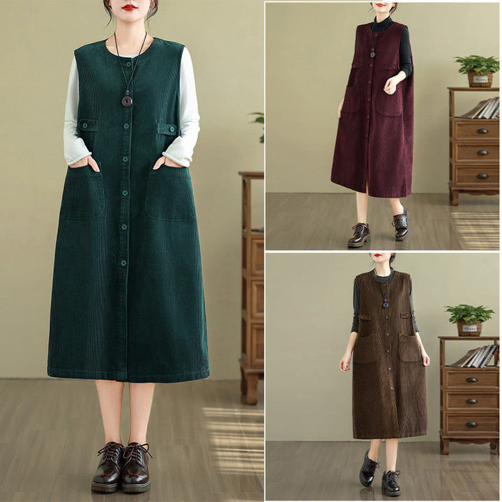 Robe mi-longue sans manches avec poches et boutons couleur pure Buddha Stones - image 21