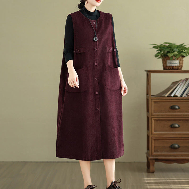 Robe mi-longue sans manches avec poches et boutons couleur pure Buddha Stones - image 17