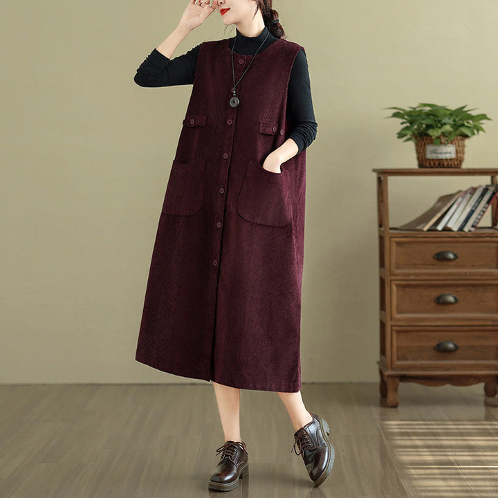 Robe mi-longue sans manches avec poches et boutons couleur pure Buddha Stones - Rouge foncé - US8-10，UK/AU12-14，EU40-42 (2XL) - image 14