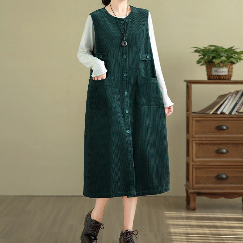 Robe mi-longue sans manches avec poches et boutons couleur pure Buddha Stones - image 9