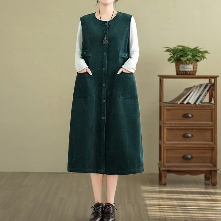 Robe mi-longue sans manches avec poches et boutons couleur pure Buddha Stones - image 8