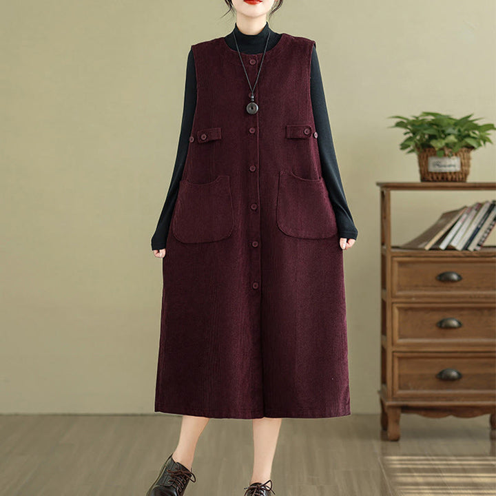 Robe mi-longue sans manches avec poches et boutons couleur pure Buddha Stones - image 18