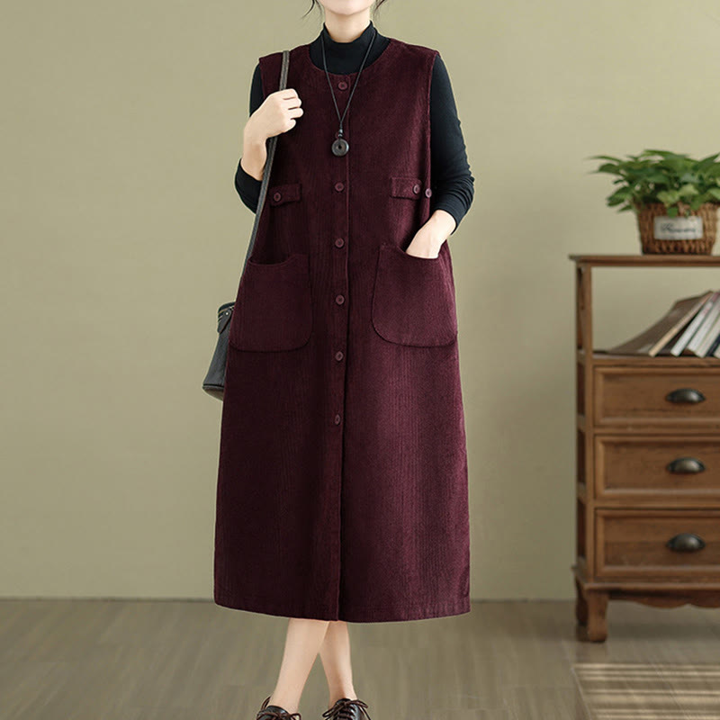 Robe mi-longue sans manches avec poches et boutons couleur pure Buddha Stones - image 16