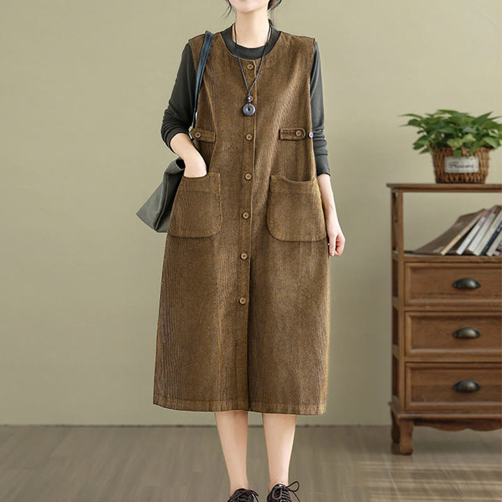 Robe mi-longue sans manches avec poches et boutons couleur pure Buddha Stones - image 2
