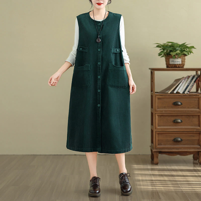 Robe mi-longue sans manches avec poches et boutons couleur pure Buddha Stones - Vert foncé - US8-10，UK/AU12-14，EU40-42 (2XL) - image 6