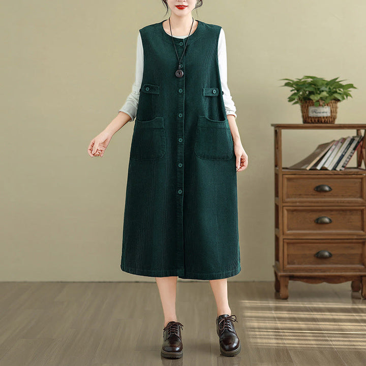 Robe mi-longue sans manches avec poches et boutons couleur pure Buddha Stones - Vert foncé - US8-10，UK/AU12-14，EU40-42 (2XL) - image 6