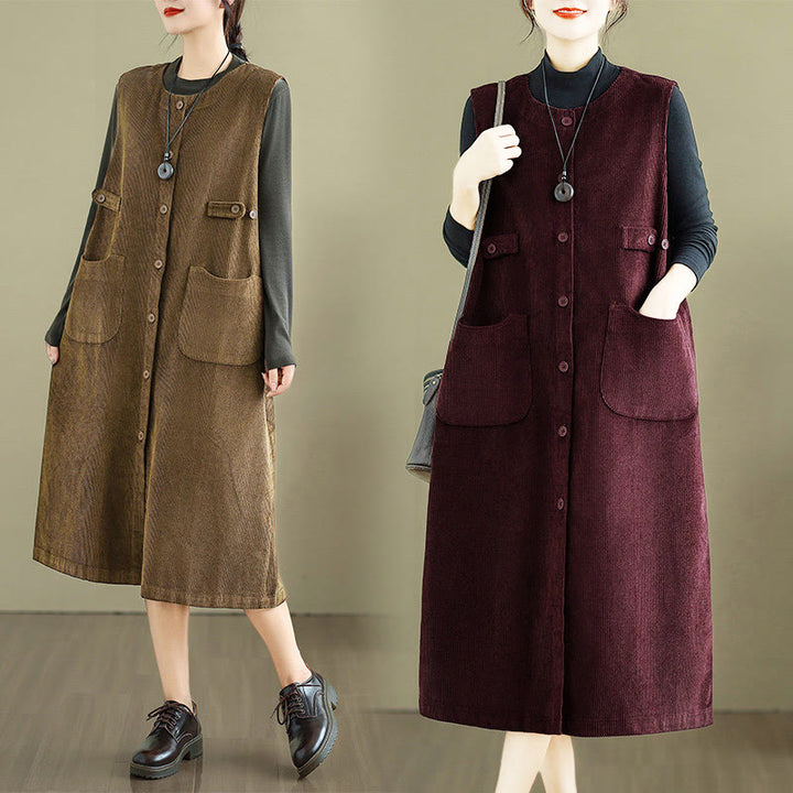 Robe mi-longue sans manches avec poches et boutons couleur pure Buddha Stones - image 20