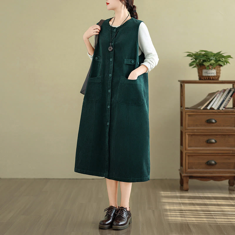 Robe mi-longue sans manches avec poches et boutons couleur pure Buddha Stones - image 7