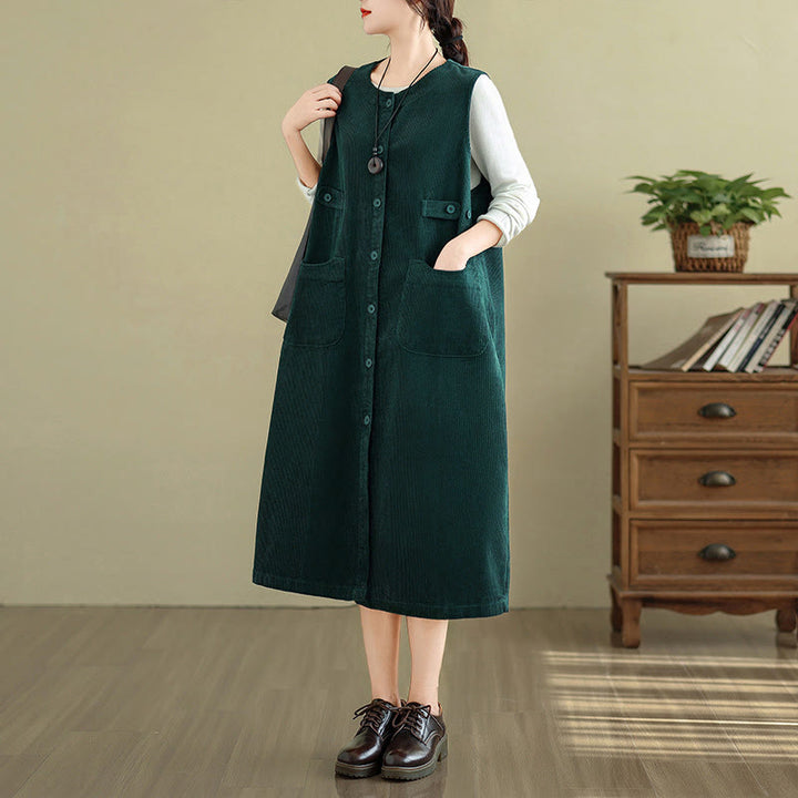 Robe mi-longue sans manches avec poches et boutons couleur pure Buddha Stones - image 7