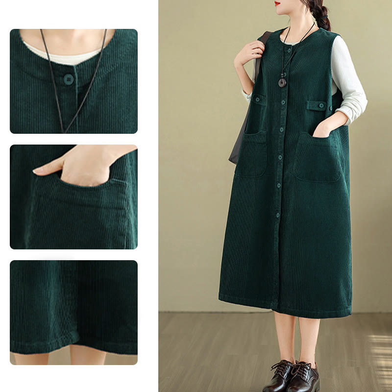 Robe mi-longue sans manches avec poches et boutons couleur pure Buddha Stones - image 12