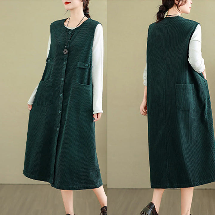 Robe mi-longue sans manches avec poches et boutons couleur pure Buddha Stones - image 10