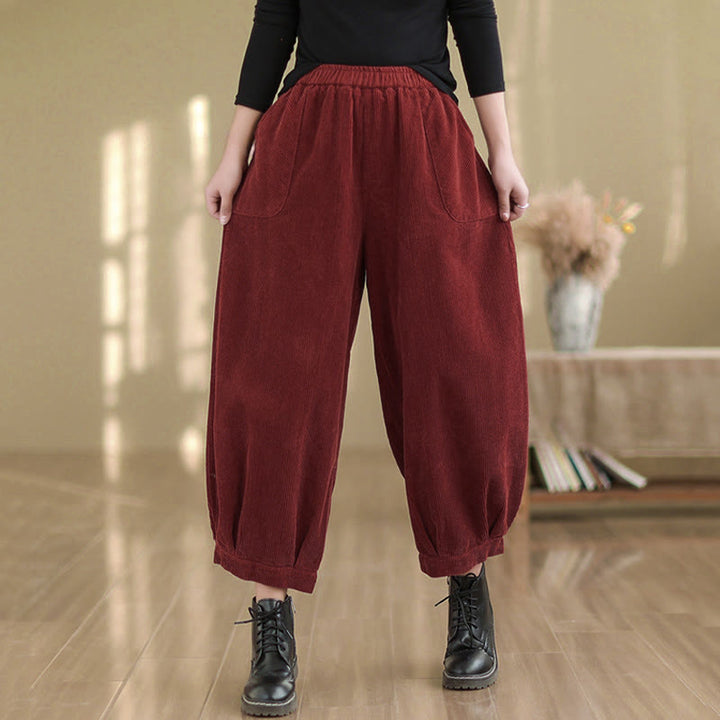 Pantalon sarouel en velours côtelé uni avec poches et ceinture élastique Buddha Stones pour femme - image 14